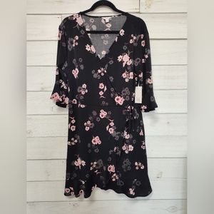 Candies Black Floral Ruffle Sleeve Hem Faux Wrap Dress Large